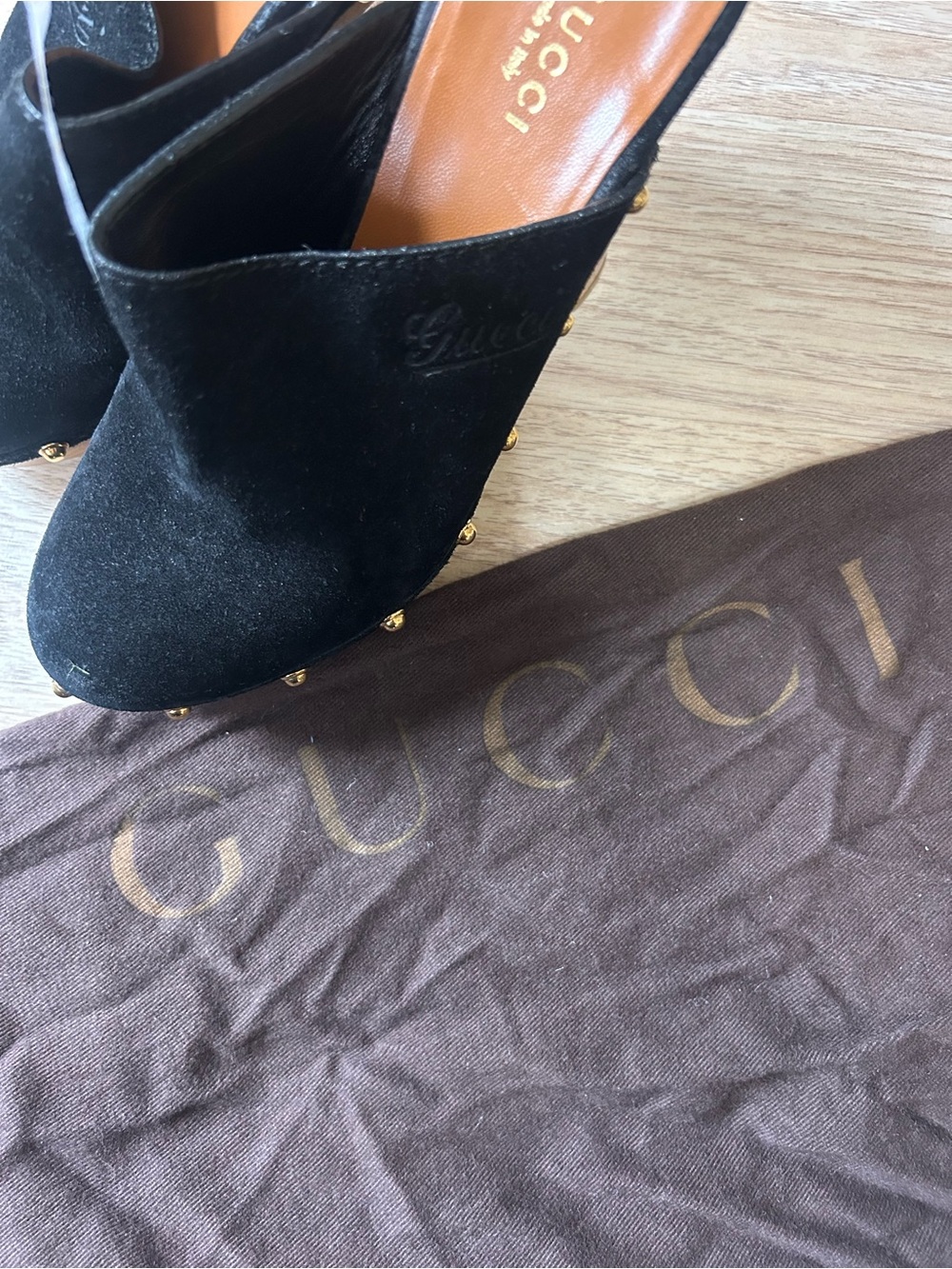 Gucci Black Suede Gold-Stud Wood Platform Mules - Picture 6 of 6